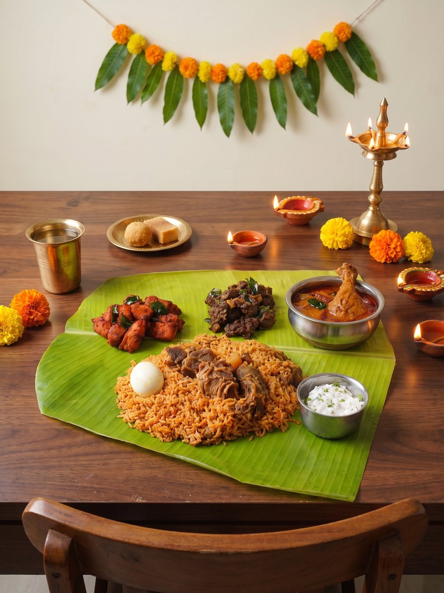 Deepavali lunch on a banana leaf: biryani, chicken 65, chukka and chicken curry
