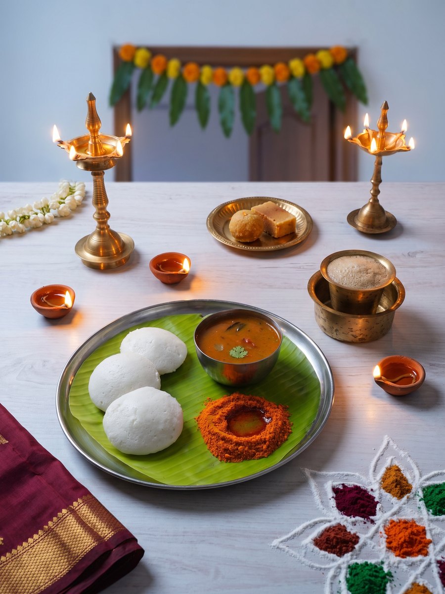 Deepavali morning: idli, sambar and podi with lit lamps
