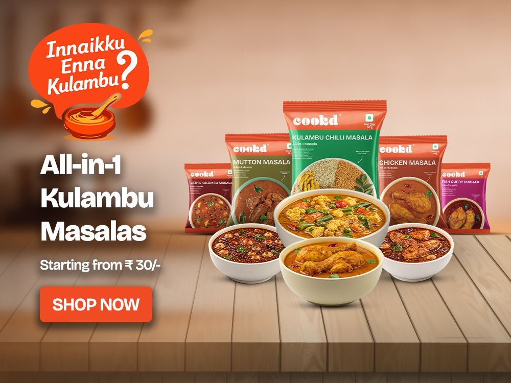Promotional image of cookd kulambu masalas with bowls of food on a wooden surface.