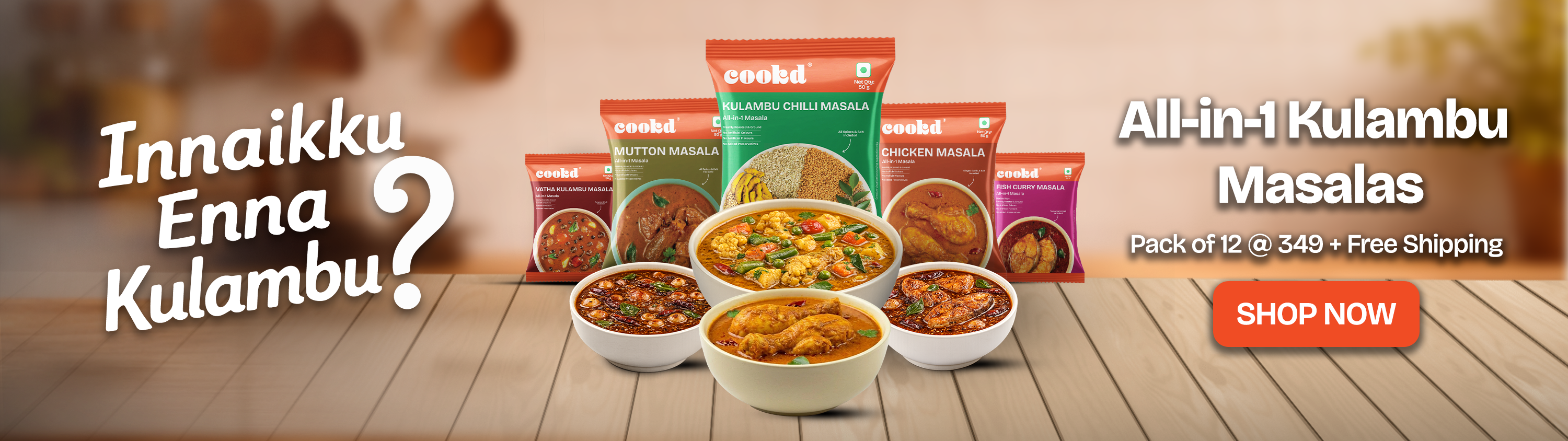 Promotional banner for All-in-1 Kulambu Masalas with bowls of food and packaging on a wooden surface.
