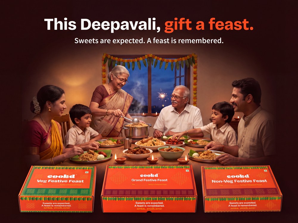 A family sharing a Deepavali feast at home with the Cookd Festive Feast boxes