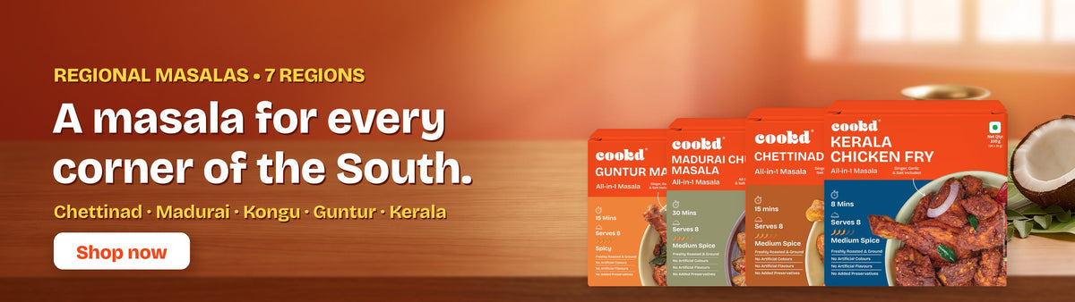 Cookd regional masalas: a masala for every corner of the South. Chettinad, Madurai, Kongu, Guntur and Kerala.