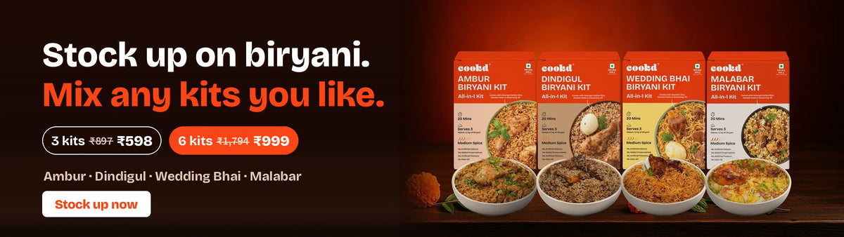 Cookd Biryani Stock-Up: 3 kits for ₹598 (MRP ₹897), 6 kits for ₹999 (MRP ₹1,794), mix Ambur, Dindigul, Wedding Bhai and Malabar