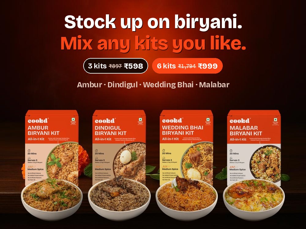 Cookd Biryani Stock-Up: 3 kits for ₹598 (MRP ₹897), 6 kits for ₹999 (MRP ₹1,794), mix Ambur, Dindigul, Wedding Bhai and Malabar