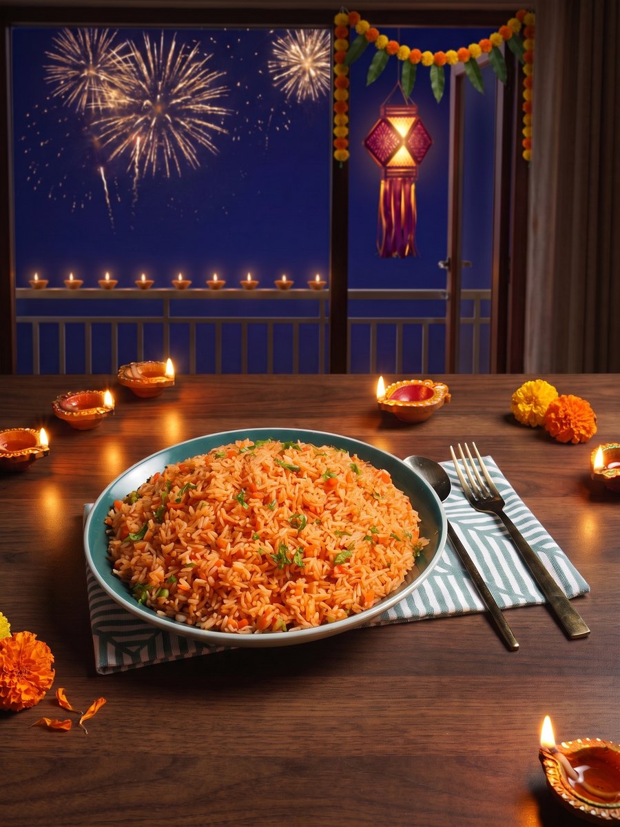 Deepavali night: fried rice by diyas, fireworks outside