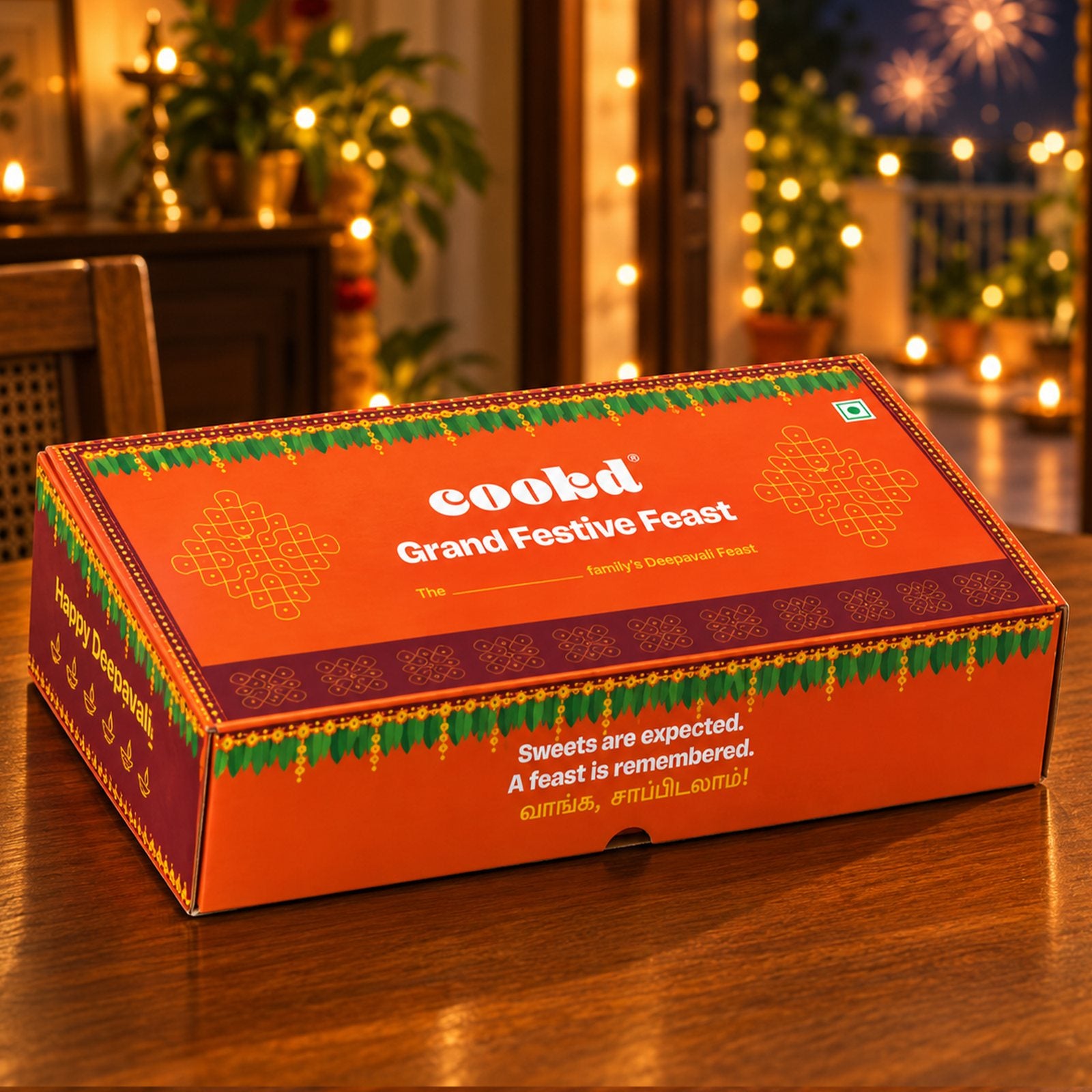 The Cookd Grand Festive Feast box on a Deepavali table