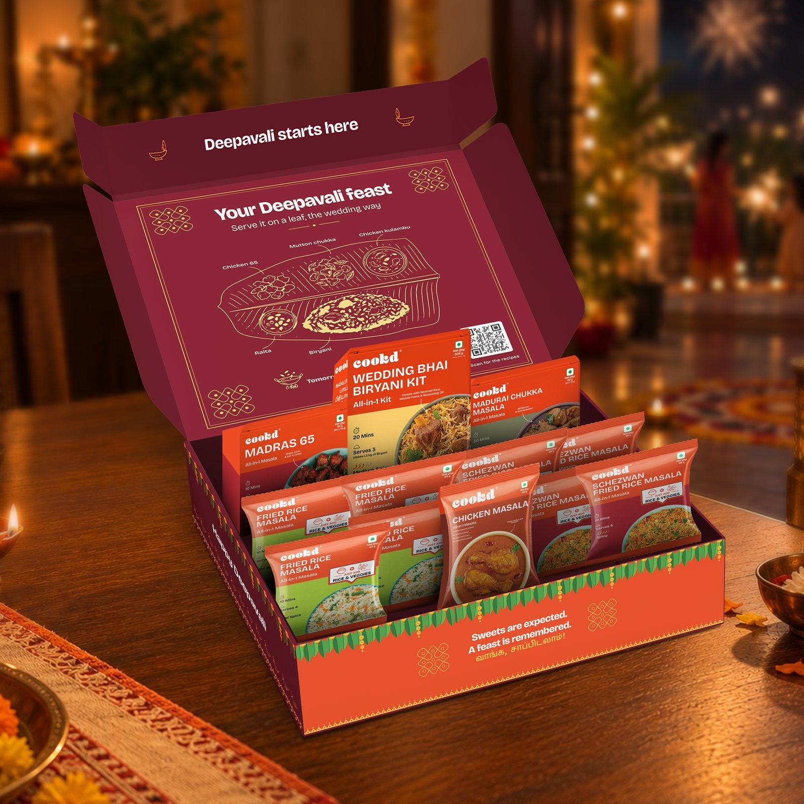 The Non-Veg Festive Feast box open, with all the packs inside