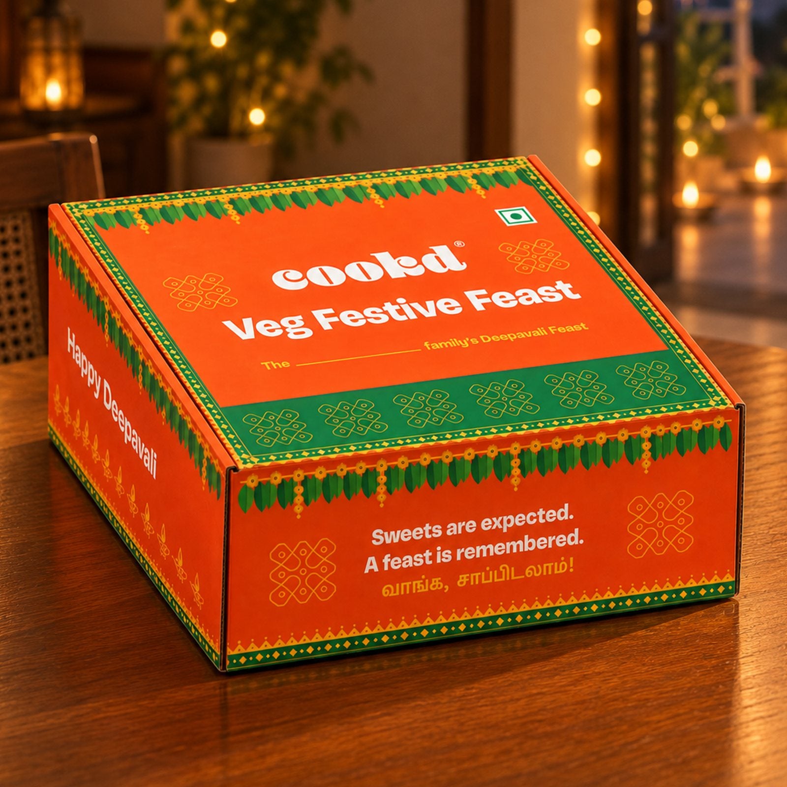 The Cookd Veg Festive Feast box on a Deepavali table