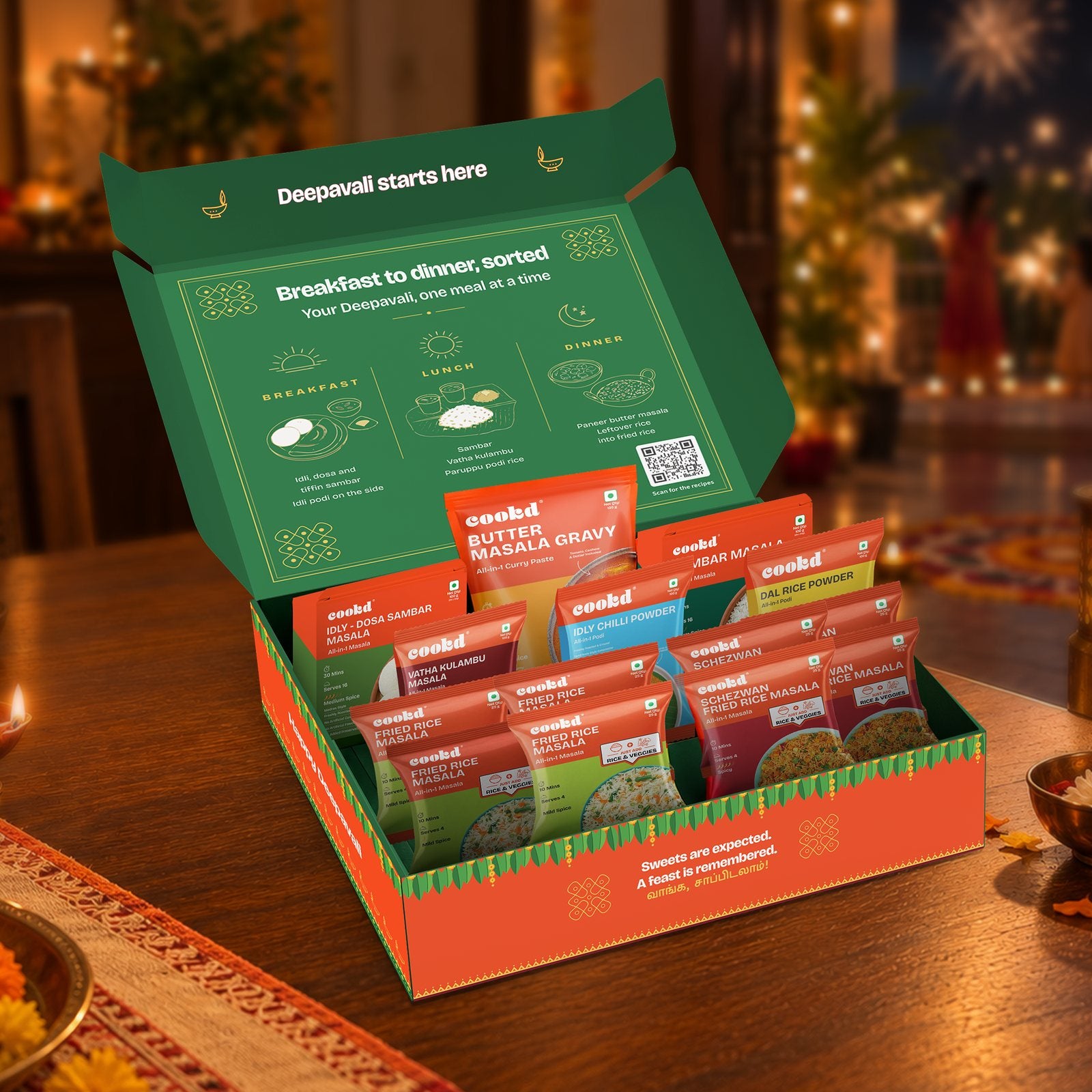 The Veg Festive Feast box open, with all the packs inside